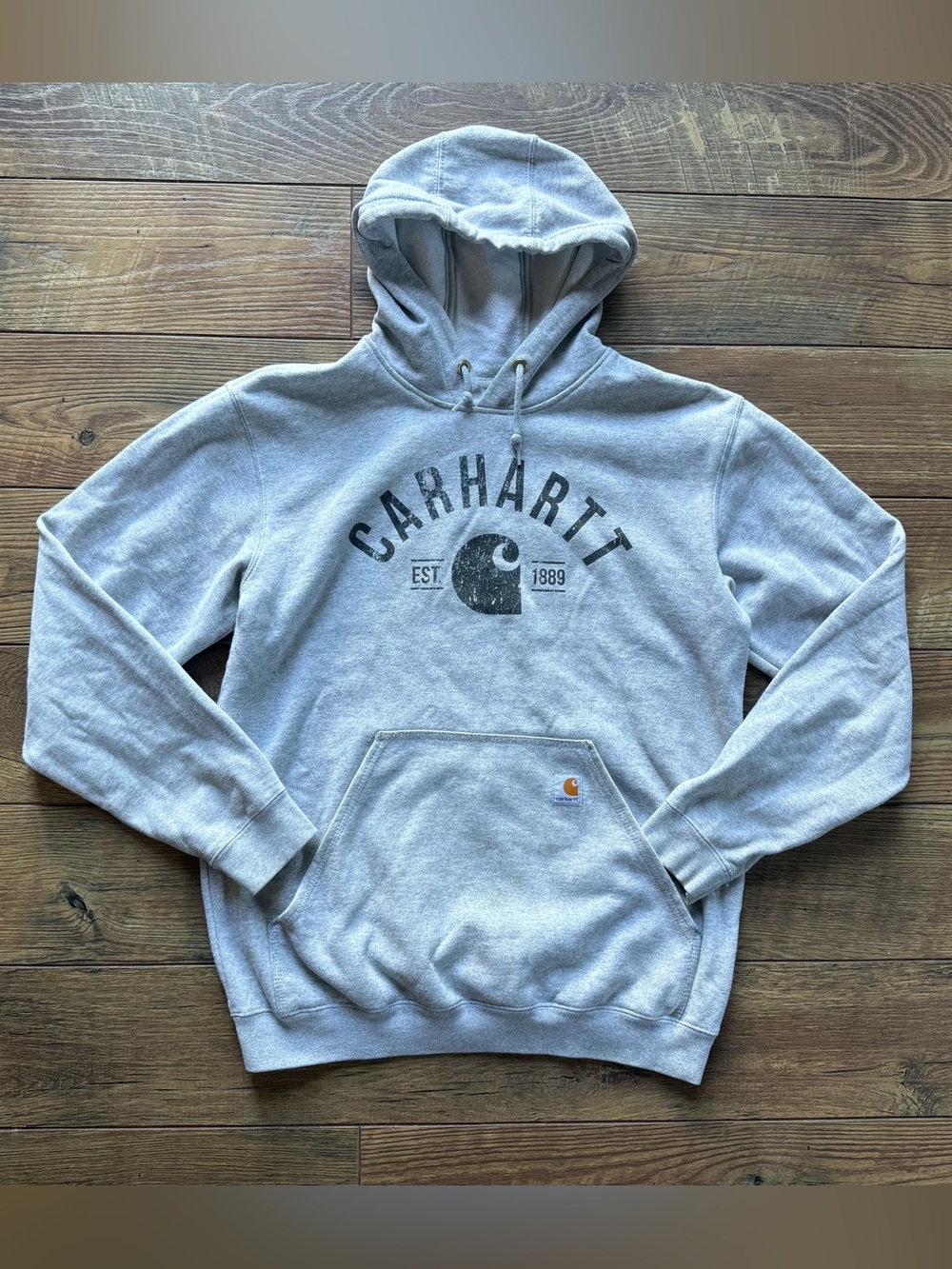 Carhartt Gray Graphic Logo Pullover Hoodie – Distressed Logo